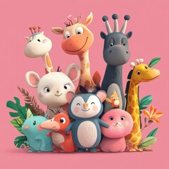 Naklejka premium Adorable Cartoon Animals Grouped Together In Pink Setting