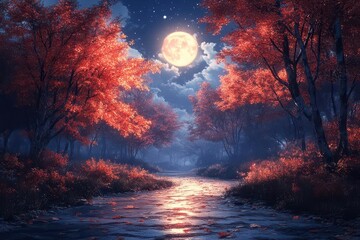 Fototapeta premium serene pathway illuminated by moonlight, flanked by vibrant autumn trees, creating a tranquil atmosphere in a picturesque forest setting. soft shadows and gentle light enhance the mood