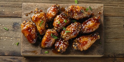 Delicious chicken wings featuring a flavorful blend of honey, sesame, and ginger generously drizzled, served on a rustic wooden table, perfect for any wing lover s delight.