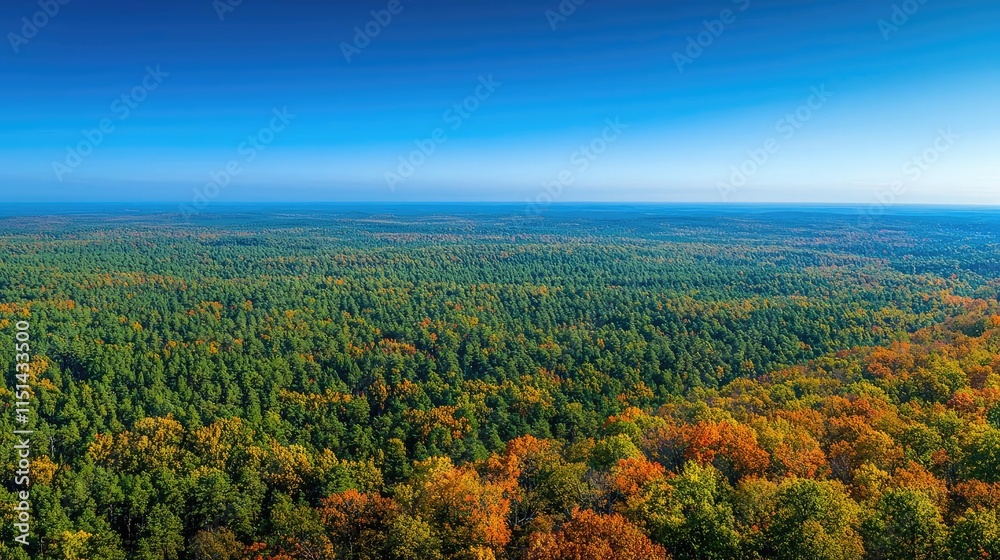 Poster aerial view forest idea. stunning aerial view of lush forest with colorful autumn foliage under a cl