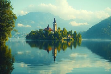 serene view of lake bled surrounded by lush green hills and a picturesque island featuring a charming church, reflecting the beauty of nature in a tranquil setting
