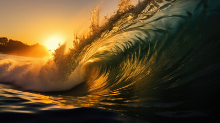 golden ocean wave captured mid-surf at sunset, showcasing dynamic motion, splashing water, and warm, glowing light
