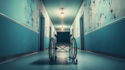 Empty wheelchair resting silently on a nostalgic hospital corridor, evoking thoughts of healing, resilience, and the passage of time in a place of care and recovery.