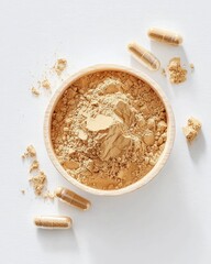 Artistic pour of maca root powder on bright flat white beverage for nutritional boost