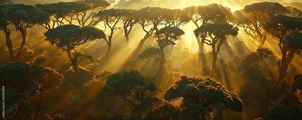 Poster Aerial View forest idea. Golden rays shining through a lush forest, creating a serene and tranquil atmosphere.