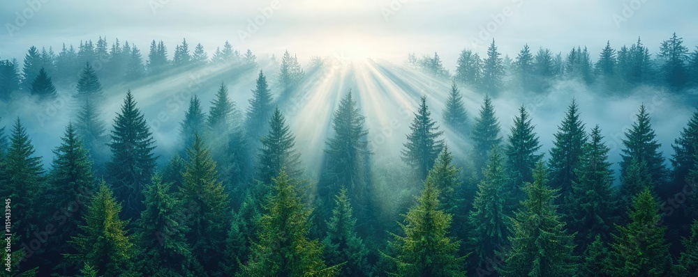 Poster Aerial View forest idea. Misty forest with sunlight filtering through tall pine trees in serene nature scene.
