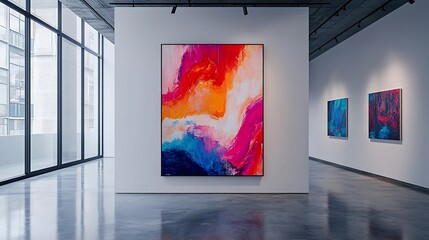 A woolen tapestry with a colorful abstract design, elegantly framed and placed in a modern art gallery, bright lighting emphasizing the artistic details, hd quality, bold and sophisticated. --ar 16:9