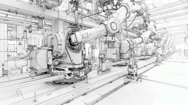 A detailed illustration of industrial robotic arms in a manufacturing setting.