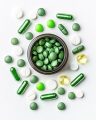 Enhancing nutrition spirulina and chlorella tablets in a bright kitchen setting