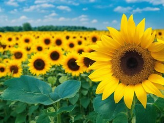 A Vibrant and Colorful Sunflower Field Flourishing under a Beautiful, Clear Blue Sky
