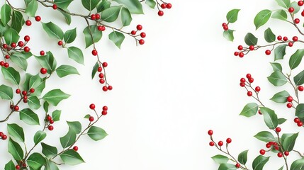 Christmas border with holly branches with green leaves and red berries on a white background.