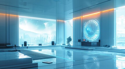 A futuristic, minimalistic interior with a large window showcasing a sci-fi cityscape.