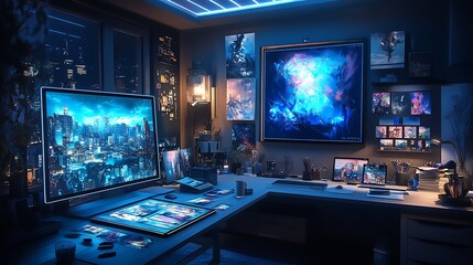 Fototapeta premium A tech-forward design studio with ultrawide monitors, a drawing tablet displaying a vibrant digital painting, a mood board on the wall, and soft blue LED accents in a dark yet inspiring workspace.
