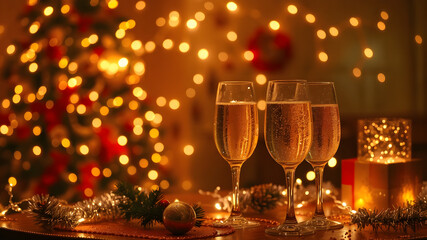glasses of champagne on christmas background