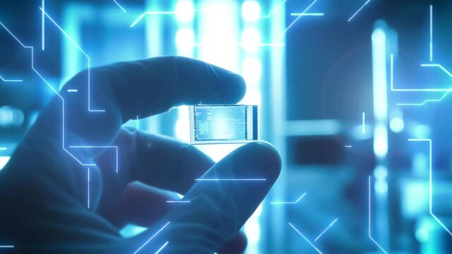 Close-up of a gloved hand holding a futuristic microchip, glowing with blue digital circuits, in a high-tech laboratory environment, symbolizing innovation and technology
