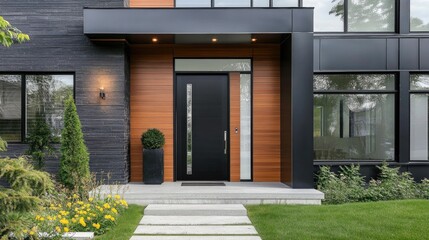 Modern Black Fiberglass Front Entry Door, Single Door With One Sidelite
