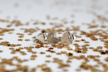 Elegant silver heart-shaped earrings on a white background with gold shiny stars for a chic look.