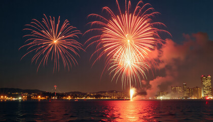 Spectacular Fireworks Over City Skyline