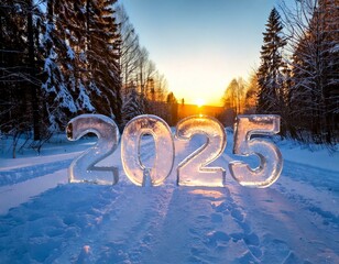  Ice Sculpture of 2025 on a Serene Snowy Forest Road at Sunset