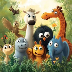 Fototapeta premium Adorable Cartoon Animals Gather In Lush Green Foliage