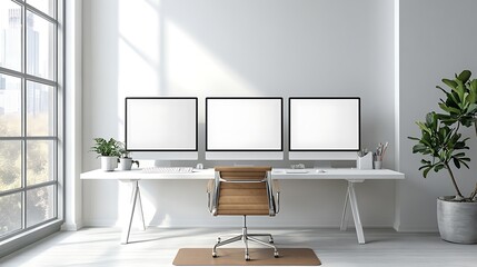 Fototapeta premium A tidy minimalist workspace with three high-resolution monitors, a white wireless keyboard, a leather desk mat, and a modern office chair in a bright room with natural lighting. --ar 16:9