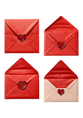 Set of red and beige envelopes with heart-shaped wax seals, isolated on a transparent background. Perfect for Valentine’s Day, romantic messages, or special occasion designs.