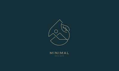 Minimalist water drop logo with a mountain and leaf 
