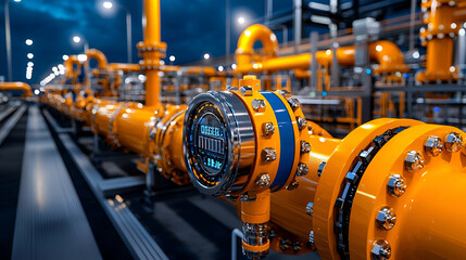 A close-up of a digital flow meter on a bright orange industrial pipeline at night, showcasing a well-lit facility with numerous interconnected pipes.