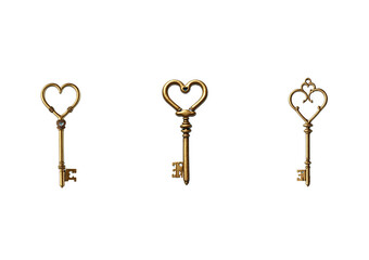 Three antique-style golden keys with heart-shaped designs on their bows. Each key has intricate details, symbolizing love and romance, perfect for decorative or symbolic purposes.

