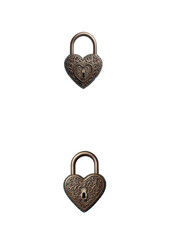 Two antique heart-shaped padlocks with intricate engravings and metallic finishes. Each lock features a keyhole, symbolizing love, security, and commitment, perfect for romantic themes.