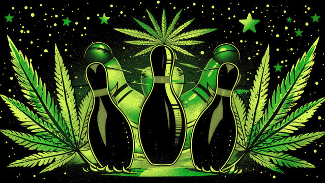 Bowling team logo with green pins and cosmic design