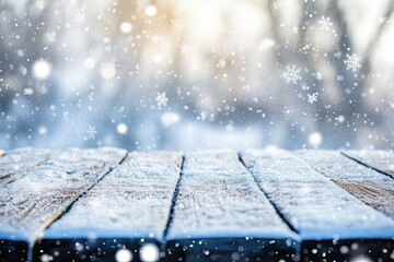 snow background with blur effect with falling snowflakes on wooden floor. bokeh effect. 