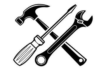 A classic tool arrangement featuring a hammer, wrench, and screwdriver, perfectly illustrating the essence of essential hardware tools, isolated on a transparent background