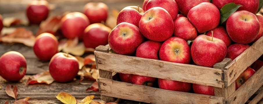 Apples produce idea. Fresh red apples gathered in a rustic wooden crate on a natural background. - Powered by Adobe