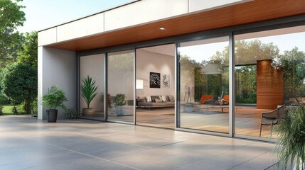 Aesthetic home entrance with large glass sliding doors with lots of copy space