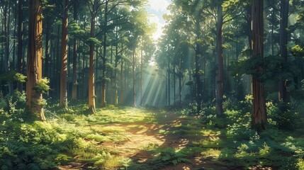 Obraz premium Sunlight filtering through the trees in a serene forest setting, casting long shadows on the forest floor, captured in this vector image with HD camera quality