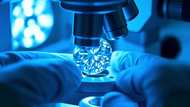 A diamond being examined under a microscope, highlighting its clarity and cut.