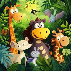 Fototapeta premium Adorable Cartoon Animals Playing In Lush Jungle Foliage