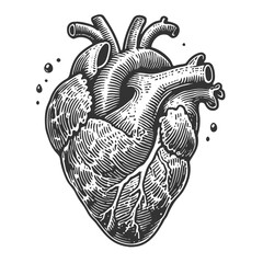 anatomical human heart with veins and arteries, featuring intricate linework sketch engraving generative ai vector illustration. Scratch board imitation. Black and white image.