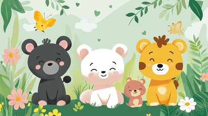 Naklejka premium Adorable cute animal characters on a bright, playful background – perfect for children's illustrations, educational materials, and digital design projects