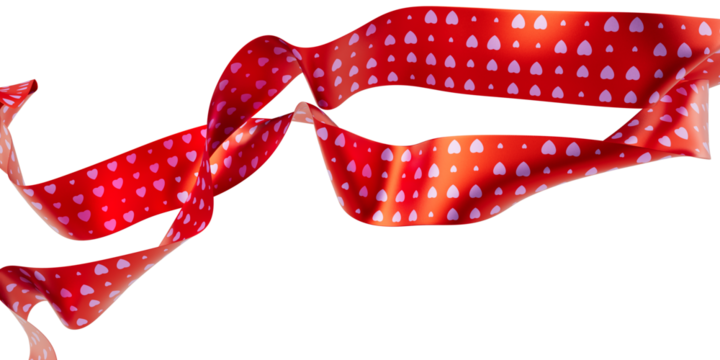Happy Valentines Day. Pink Hearts printed on red Ribbon with transparent background. Valentines Day concept