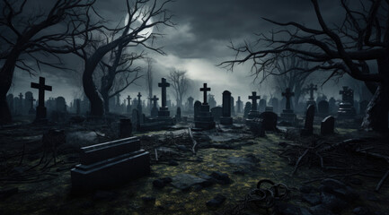cemetery under a cloudy, moonlit sky, with bare trees and weathered gravestones casting long shadows, creating an eerie, gothic atmosphere