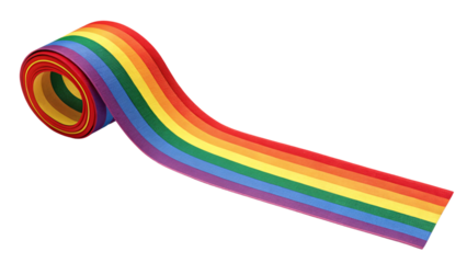 A neatly rolled ribbon featuring vibrant rainbow stripes, arranged in a gradient from red to violet, isolated on a transparent background
