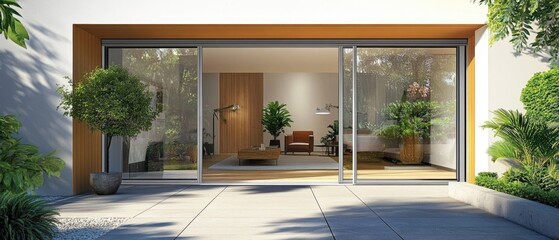 Aesthetic home entrance with large glass sliding doors with lots of copy space
