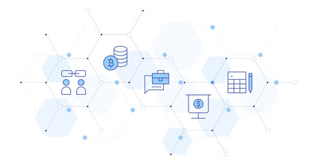 Business Banner Vector Illustration with Icon Style in Between. Line Duotone icon. Containing job description, analysis, relationship, calculator, bitcoin symbol