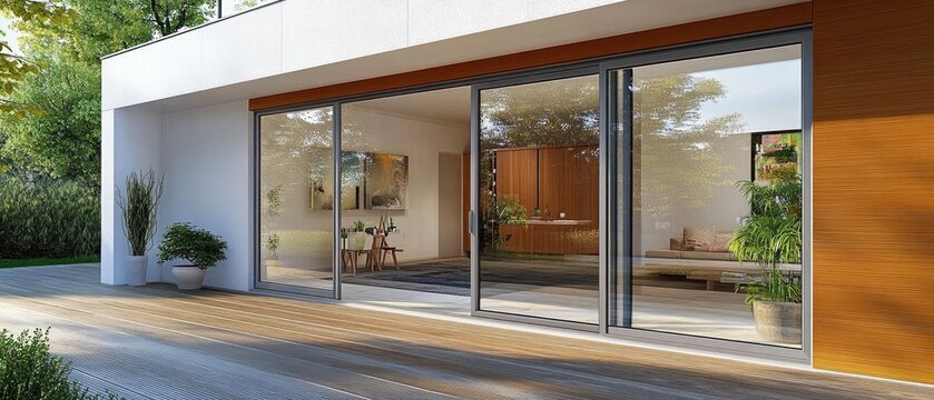 Aesthetic home entrance with large glass sliding doors with lots of copy space