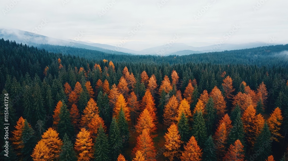 Poster aerial view forest idea. aerial view of a lush forest showcasing vibrant autumn colors and serene mo
