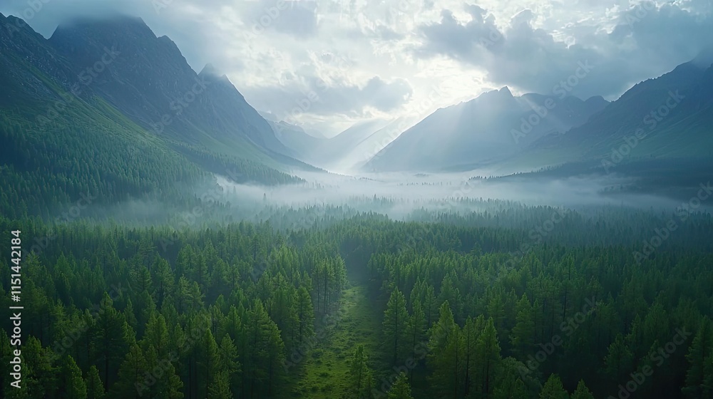 Poster aerial view forest idea. serene mountain landscape with misty valleys and lush green forests under c