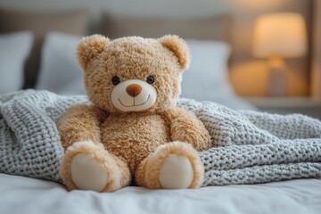 teddy bear cozied in a soft blanket on a child's bed, the warm, inviting atmosphere exudes comfort and happiness, creating a sense of childhood bliss