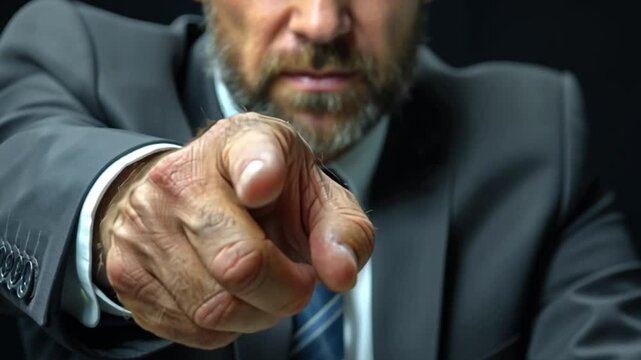 A businessman in a suit points decisively with his finger while speaking, emphasizing his message. The background is dark, focusing attention on his expression and hand gesture